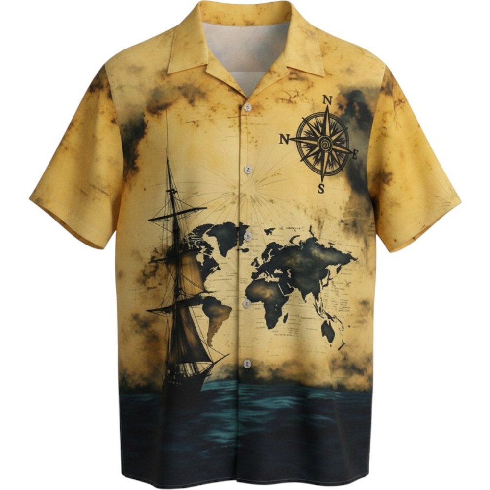 Nautical World Map Compass Sailing Ship Button Down Shirt L/ #26755